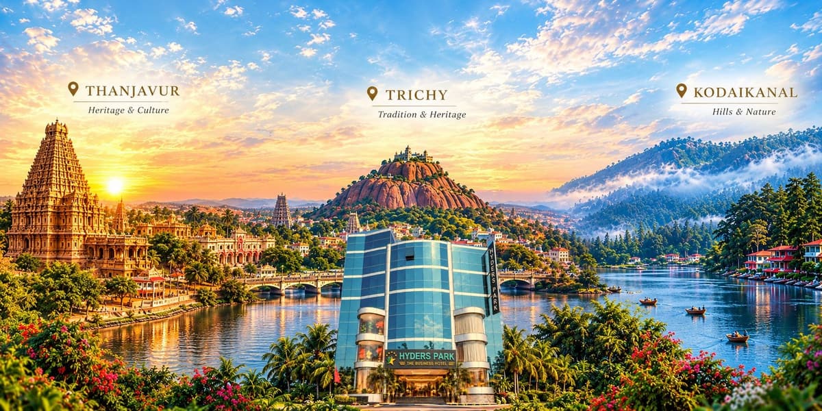 A panorama of our three destinations — Thanjavur's Big Temple, Trichy's Rockfort and Kodaikanal's lake and hills — with the glass-fronted Hyders Park hotel building in the centre