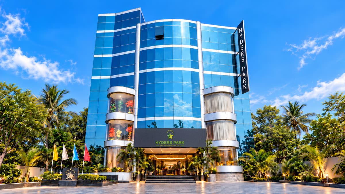 The glass-fronted Hyderspark Hotel building in Thanjavur