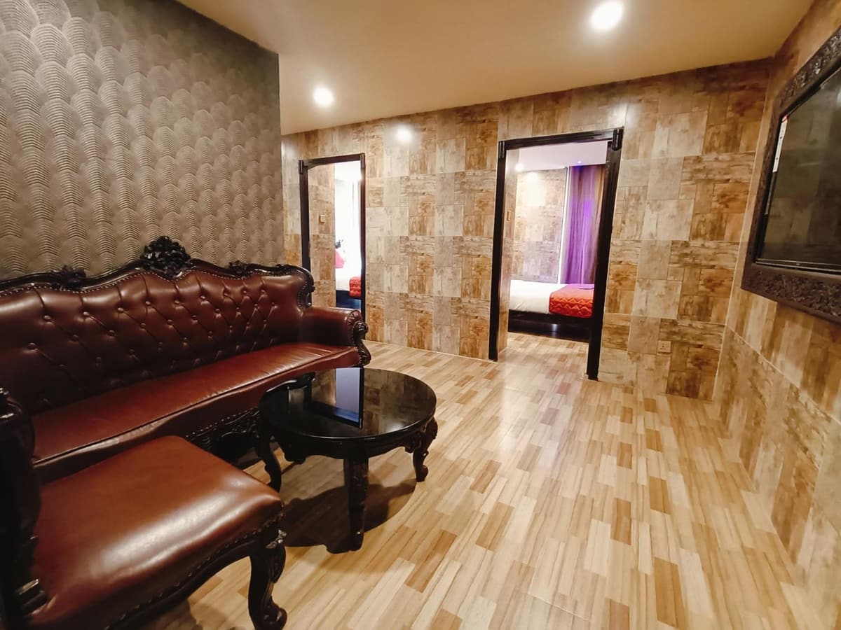 Park Palace living room with leather sofas, a carved coffee table and a TV
