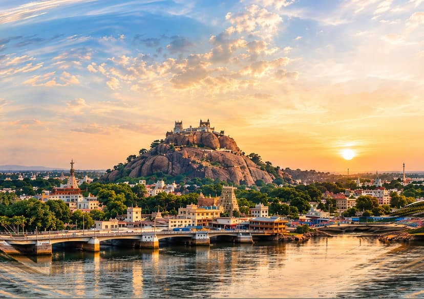 Trichy and the Rockfort temple on its hill, with the river and a bridge in front, at sunset